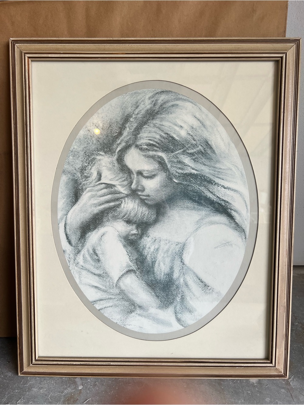 Framed Mother and Child Charcoal-Style Wall Art - Cream and Gray